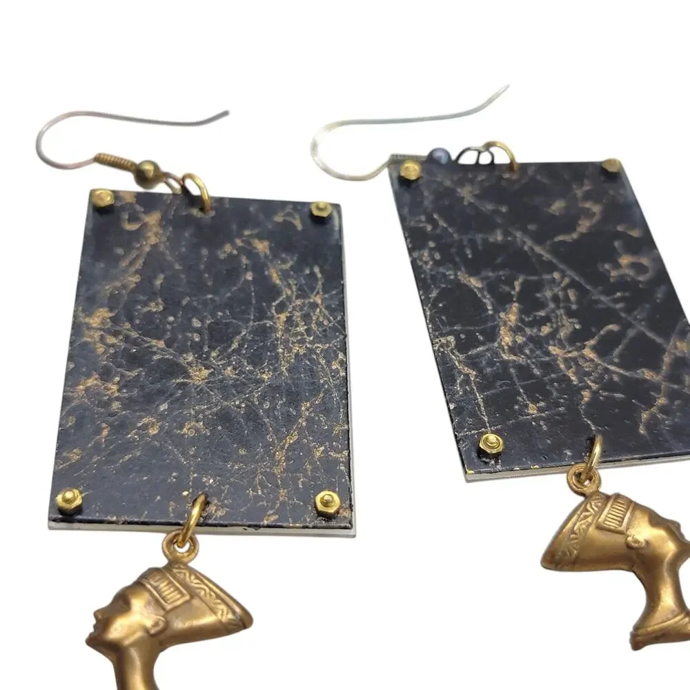 Vintage Frida Kahlo Nefertiti Dangle Earrings Mixed Media Boho Art Jewelry